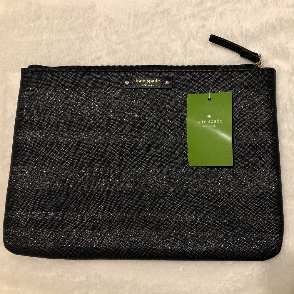 New! Kate Spade New York Large black/silver glitter clutch